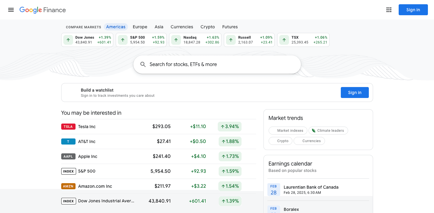 The real classic Google Finance homepage, archived February 2025: compare-markets chips, search bar, watchlist prompt, market trends and earnings calendar